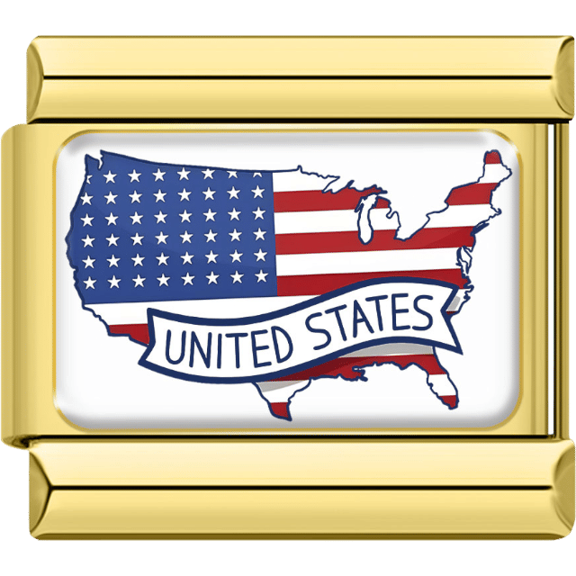 Italian charm with a gold border showing the map of the United States decorated with the American flag design and a banner labeled “United States.”